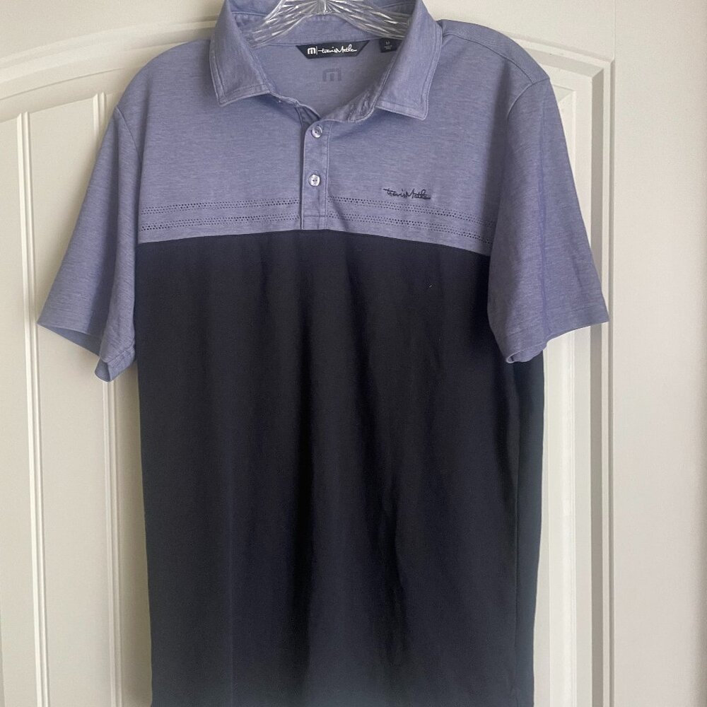 Travis Mathew Men’s Polo Shirt Size M Blue & Navy Colorblock – Pima Cotton Blend